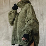 Oversized Chunky Knit Turtleneck Sweater with Balloon Sleeves