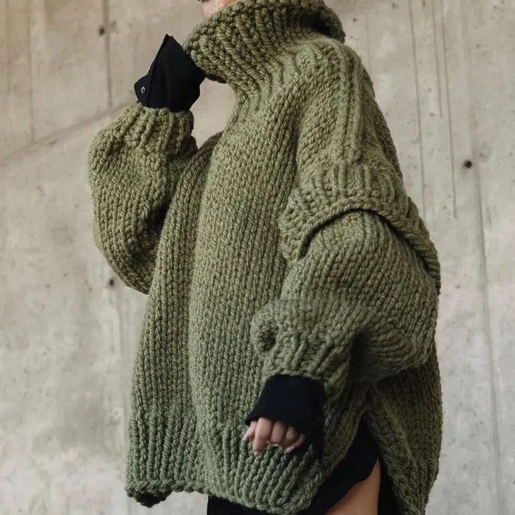 Oversized Chunky Knit Turtleneck Sweater with Balloon Sleeves