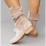 Suede Slouch Boots with Buckle Strap and Low Heel