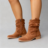Suede Slouch Boots with Buckle Strap and Low Heel