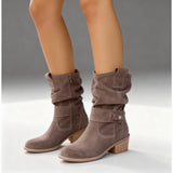 Suede Slouch Boots with Buckle Strap and Low Heel