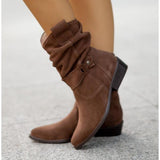 Suede Slouch Boots with Buckle Strap and Low Heel