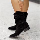 Suede Slouch Boots with Buckle Strap and Low Heel