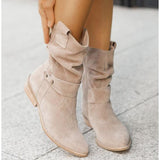 Suede Slouch Boots with Buckle Strap and Low Heel