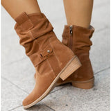 Suede Slouch Boots with Buckle Strap and Low Heel
