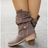 Suede Slouch Boots with Buckle Strap and Low Heel