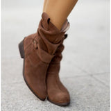 Suede Slouch Boots with Buckle Strap and Low Heel