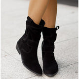 Suede Slouch Boots with Buckle Strap and Low Heel