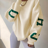 Oversized Sweater with Graphic Letter Print and Ribbed Trim