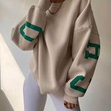 Oversized Sweater with Graphic Letter Print and Ribbed Trim