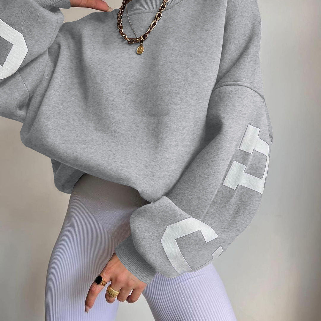 Oversized Sweater with Graphic Letter Print and Ribbed Trim