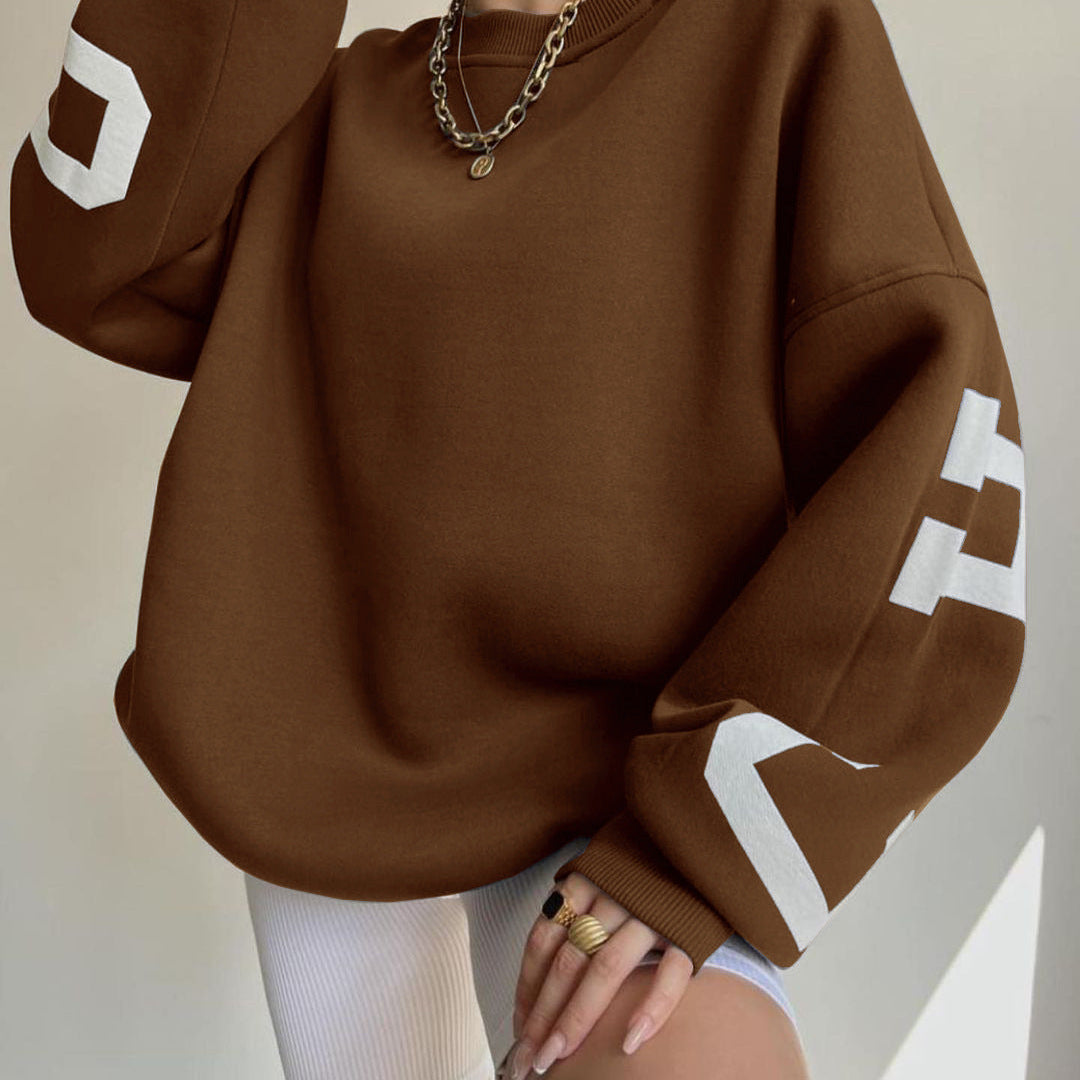 Oversized Sweater with Graphic Letter Print and Ribbed Trim