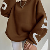 Oversized Sweater with Graphic Letter Print and Ribbed Trim