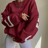 Oversized Sweater with Graphic Letter Print and Ribbed Trim