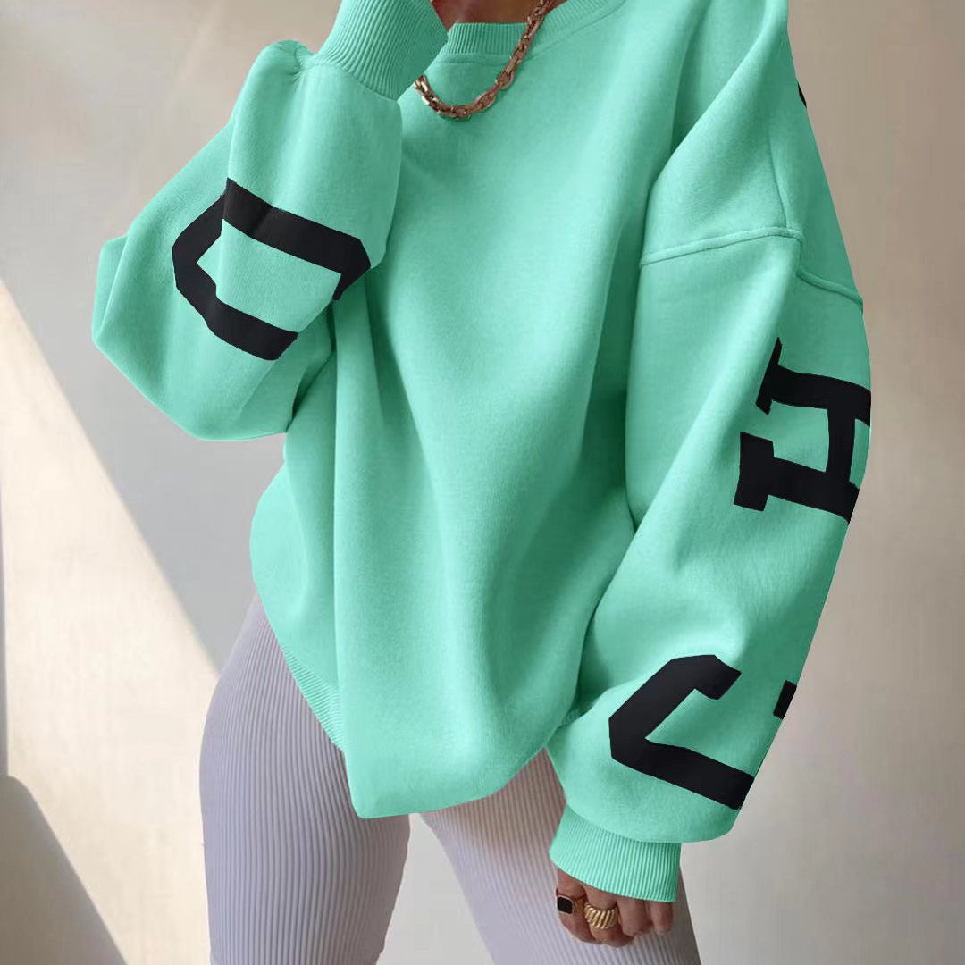 Oversized Sweater with Graphic Letter Print and Ribbed Trim