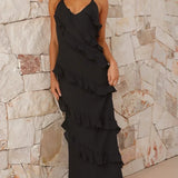 Women's Spaghetti Strap Maxi Dress - Tiered Ruffle Halter Neck