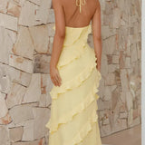 Women's Spaghetti Strap Maxi Dress - Tiered Ruffle Halter Neck