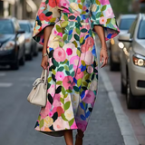 Belted Floral Midi Dress with Flare Sleeve