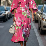 Belted Floral Midi Dress with Flare Sleeve