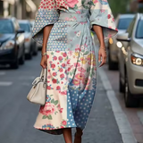 Belted Floral Midi Dress with Flare Sleeve