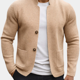 Single-Breasted Knit Cardigan with Stand Collar and Patch Pockets
