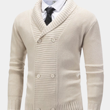 Double-Breasted Knit Cardigan with Shawl Collar and Ribbed Trim