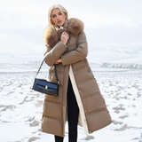 Long Puffer Coat with Faux Fur Hood and Side Pockets
