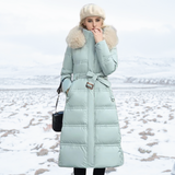 Long Puffer Coat with Faux Fur Hood and Side Pockets