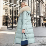 Long Puffer Coat with Faux Fur Hood and Side Pockets