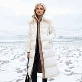 Long Puffer Coat with Faux Fur Hood and Side Pockets