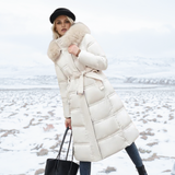 Long Puffer Coat with Faux Fur Hood and Side Pockets
