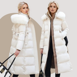 Long Puffer Coat with Faux Fur Hood and Side Pockets