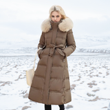 Long Puffer Coat with Faux Fur Hood and Side Pockets