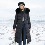 Long Puffer Coat with Faux Fur Hood and Side Pockets