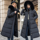 Long Puffer Coat with Faux Fur Hood and Side Pockets