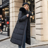 Long Puffer Coat with Faux Fur Hood and Side Pockets