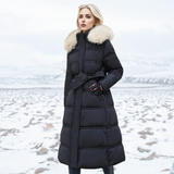 Long Puffer Coat with Faux Fur Hood and Side Pockets