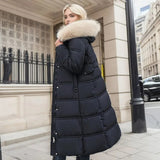 Long Puffer Coat with Faux Fur Hood and Side Pockets