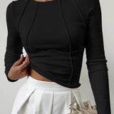 Ribbed Crop Top with Exposed Seam Detail