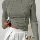 Ribbed Crop Top with Exposed Seam Detail