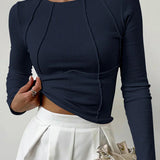 Ribbed Crop Top with Exposed Seam Detail