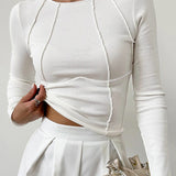 Ribbed Crop Top with Exposed Seam Detail