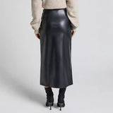 Women's Maxi Skirt with High Waist and Side Slit Leather-Look Finish