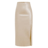 Women's Maxi Skirt with High Waist and Side Slit Leather-Look Finish