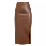 Women's Maxi Skirt with High Waist and Side Slit Leather-Look Finish