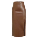 Women's Maxi Skirt with High Waist and Side Slit Leather-Look Finish