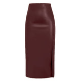 Women's Maxi Skirt with High Waist and Side Slit Leather-Look Finish