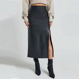 Women's Maxi Skirt with High Waist and Side Slit Leather-Look Finish