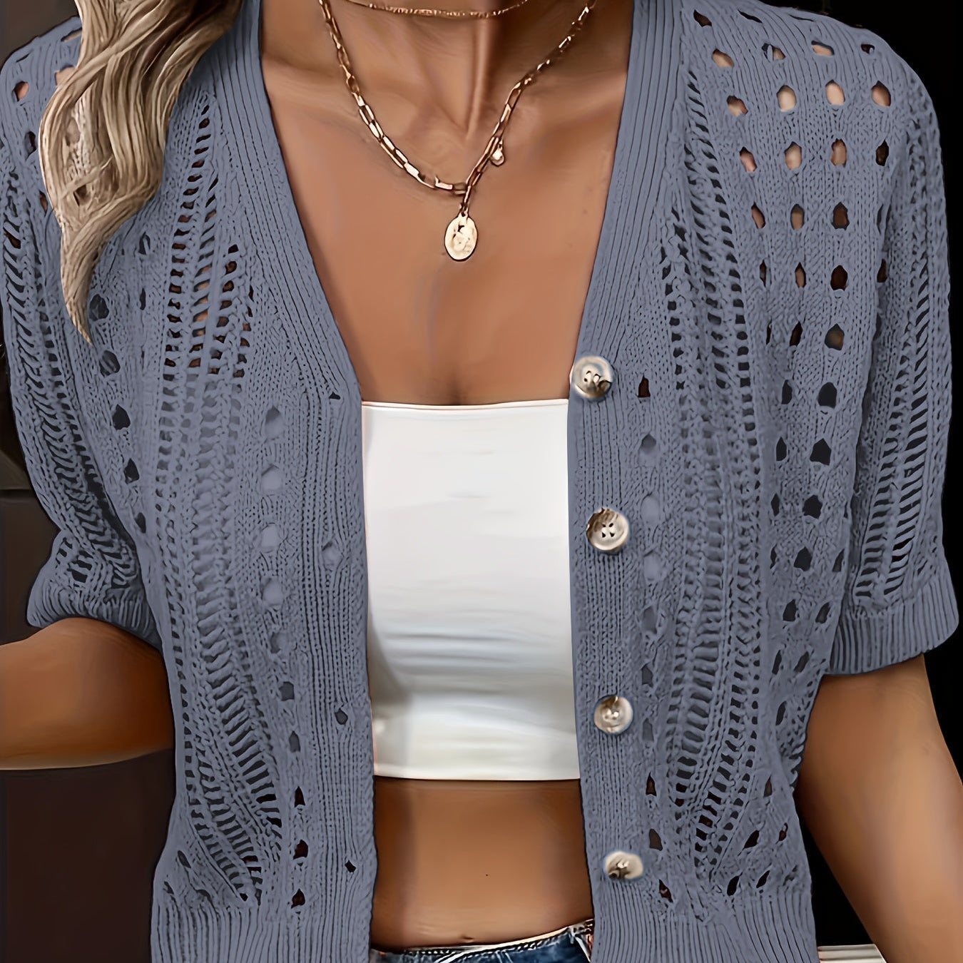 Cropped Open Knit Cardigan with Button Front