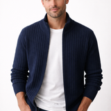 Full-Zip Ribbed Knit Cardigan with Mock Neck